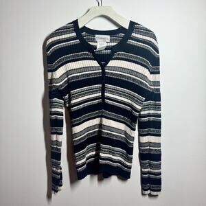 Chadwick's Sweater Women L Black White Metallic Stripe Henley Cotton 90s Y2K Vtg